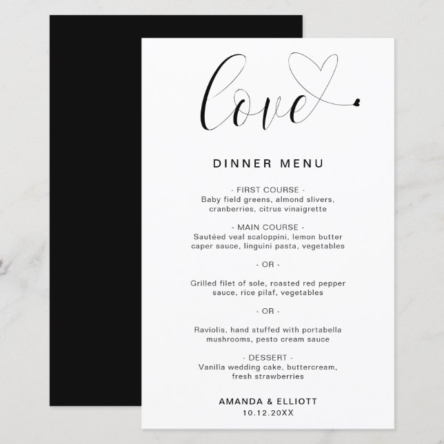 Menú de Boda Simple y Moderno Corazón de Amor (Anverso / Reverso)