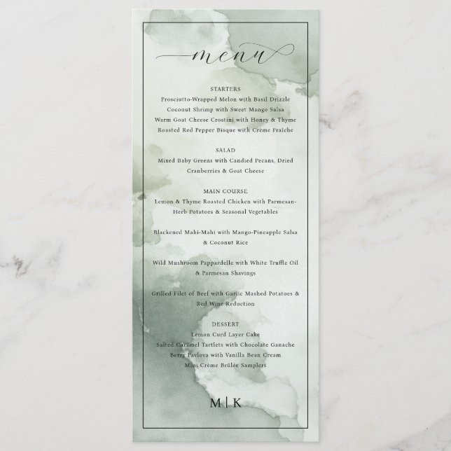 Menú de Boda Sofisticado con Acuarela Verde (Anverso)
