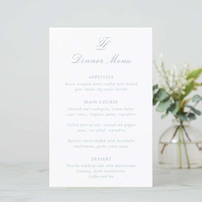 Menú de Boda Tradicional Elegante Polvo Azul (Anverso de pie)