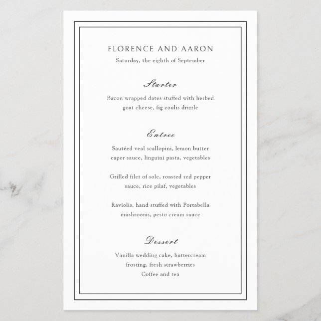 Menú de boda tradicional en blanco y negro con pre (Frente)