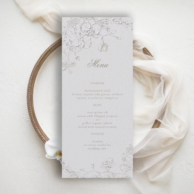 Menú de Boda Tradicional Formal Marfil Reverie de  (orchid wedding menu art sketch romantic modern classic formal elegant ivory)