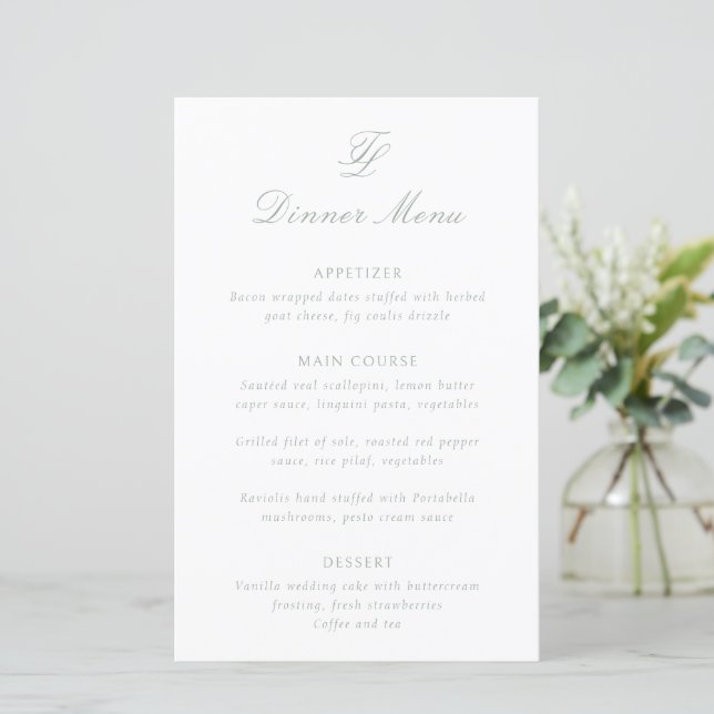 Menú de Boda Tradicional Verde Salvia Elegante (Anverso de pie)