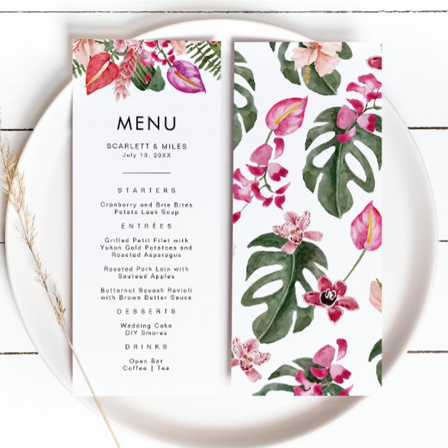 Menú de Boda Tropical (Tropical Watercolor Floral Wedding Menu by Painted Paperie
)