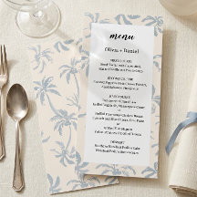 Menú de boda tropical costero en elegante azul pol