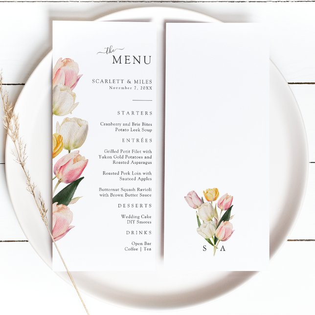 Menú de Boda Tulipán (Elegant Watercolor Tulip Wedding Menu Monogrammed by Painted Paperie
)