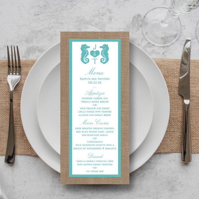 Menú de Boda Turquoise Seahorse Burlap Beach (Subido por el creador)