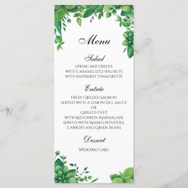 Menú de boda verde al aire libre. Menú de cena de
