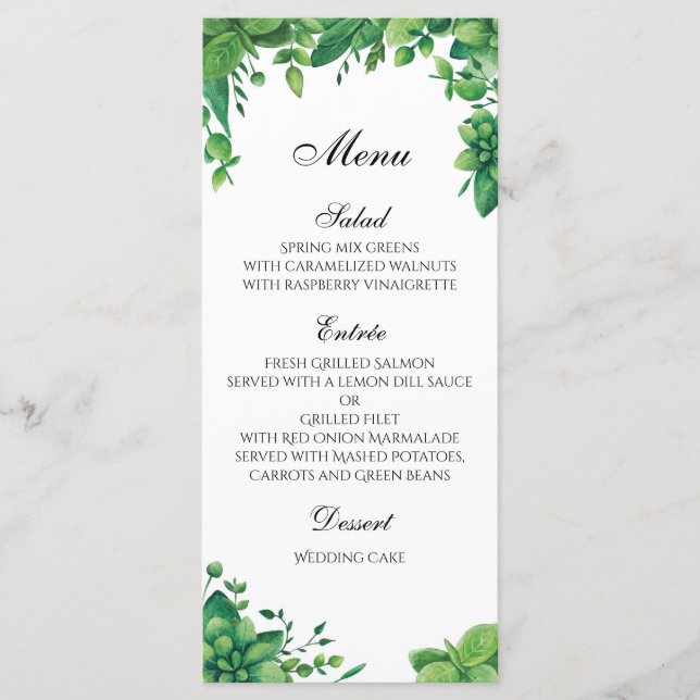 Menú de boda verde al aire libre. Menú de cena de  (Anverso)