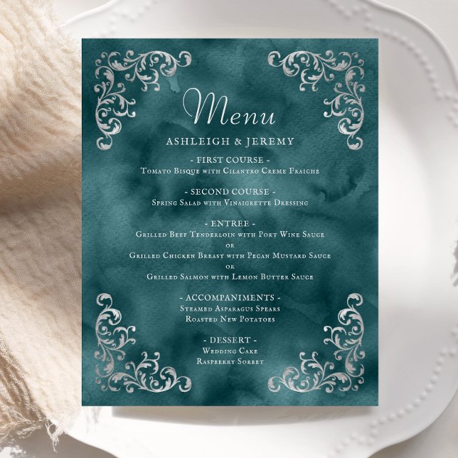 Menú de Boda Verde azulada Azul Azul Plateado Pres (Subido por el creador)