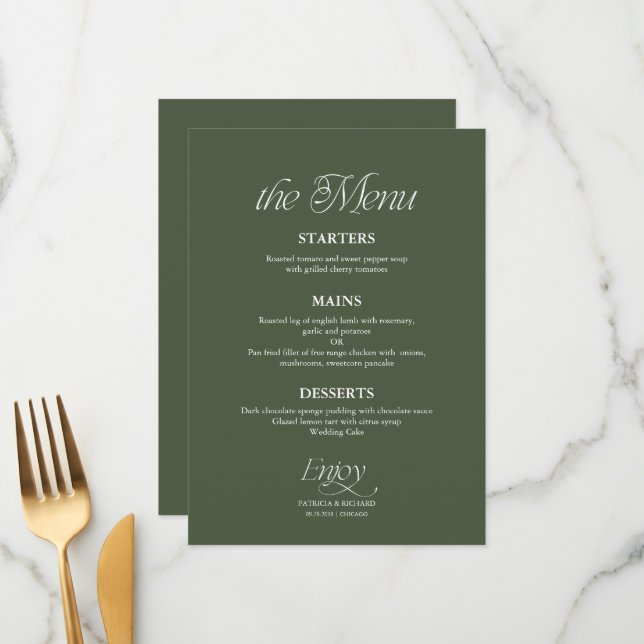 Menú de Boda Verde Bosque Minimalista Moderno (Anverso/Reverso In Situ)