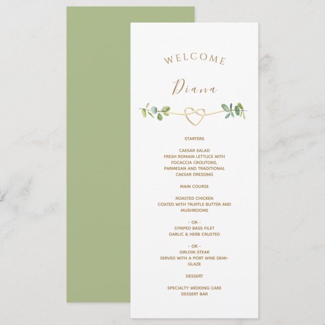 Menú de Boda Verde con Nombre del Invitado (Anverso / Reverso)