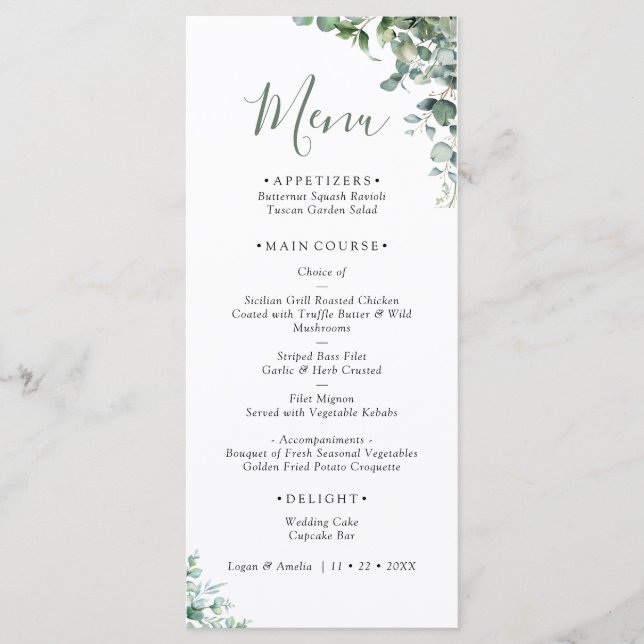 Menú de Boda Verde Elegante de Eucalipto (Anverso)