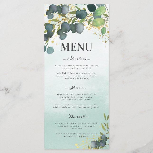 Menú de Boda Verde Eucalipto Dorado (Anverso)