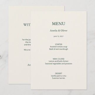 Menú de Boda Verde Marfil con Agradecimiento Atrás
