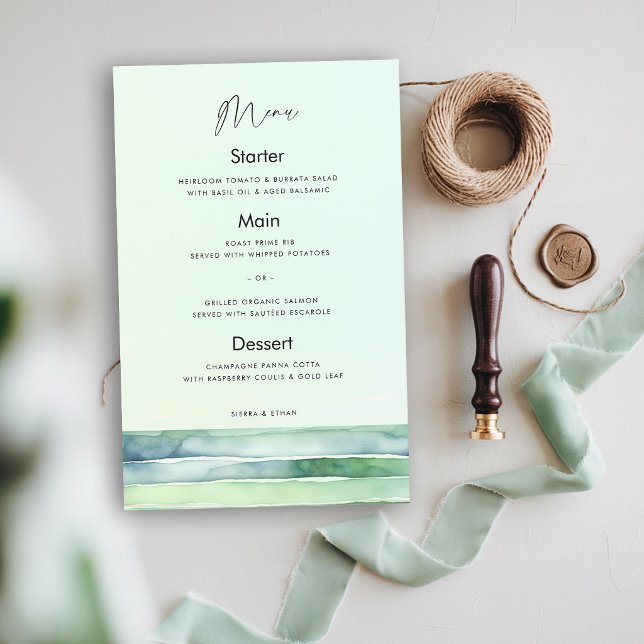 Menú de Boda Verde Marino de Piscina de Marea de P (coastal wedding menu green theme tide pool sea sage modern elegant calligraphy beach ocean)