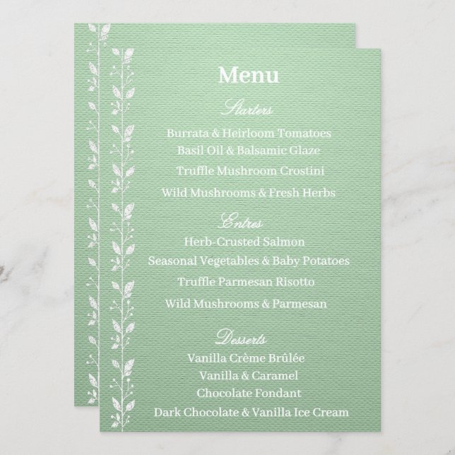 Menú de Boda Verde Pistacho Elegante (Anverso / Reverso)