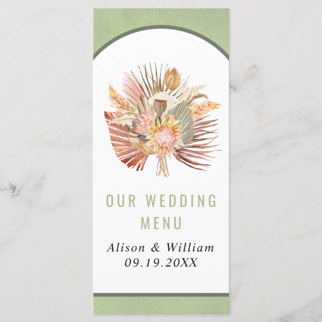 Menú de boda verde salchicha de pampas de palma se (Anverso)