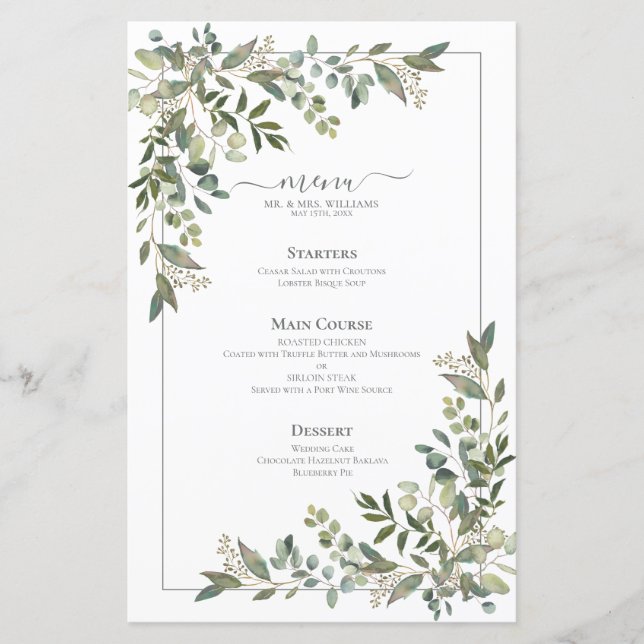 Menú de Boda Verde Salvia Botánica de Eucalipto (Anverso)