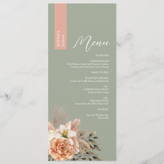 Menú de Boda Verde Salvia con Nombre del Invitado (Anverso)