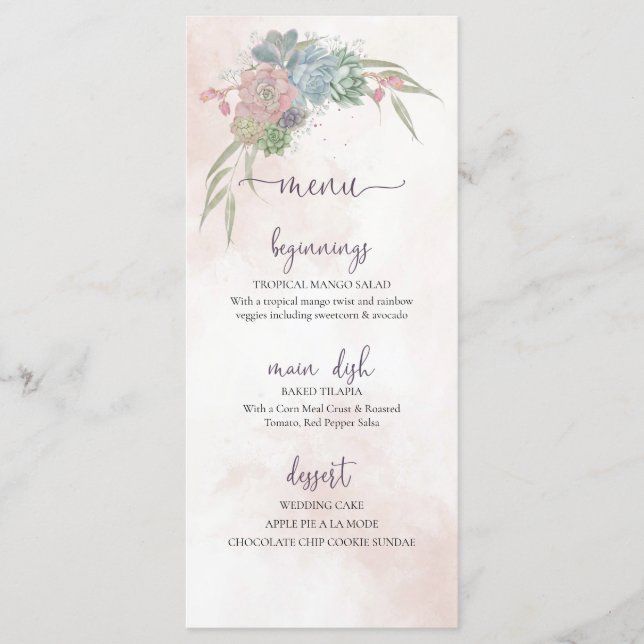 Menú de Boda Verde Suculento y Rosa (Anverso)