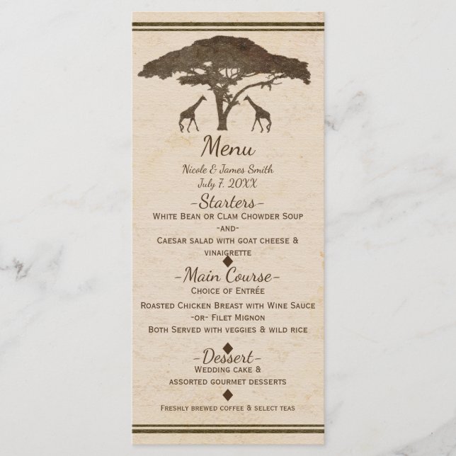 Menú de Boda Vintage Girafas Safari Africano (Anverso)