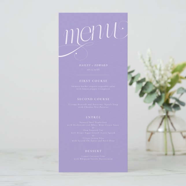 Menú de Boda Violeta con Remolino Elegante (Anverso de pie)