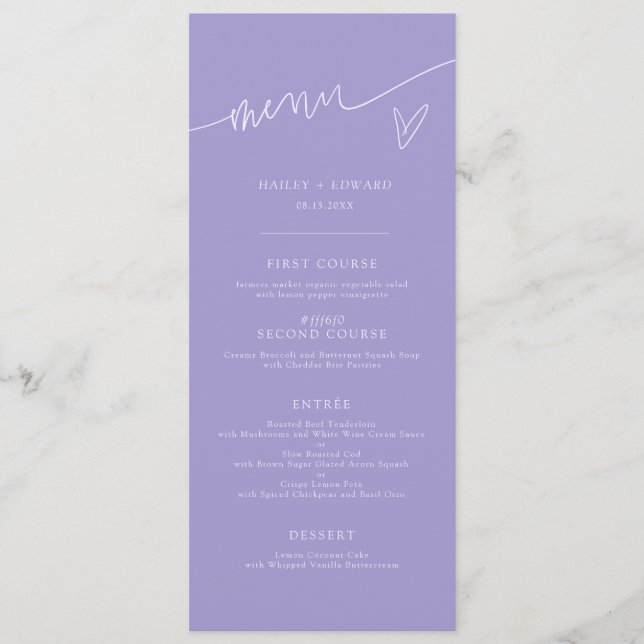 Menú de Boda Violeta de Letra Moderna (Anverso)