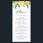 Menú de Bodas de cítricos de color de agua Lemons<br><div class="desc">Añada esta carta de menú de limón brillante y festivo a su tablescape de eventos. Cuenta con un jardín acuático o limones,  naranjas y vegetación. Personalice agregando nombres y detalles del menú. Esta tarjeta de menú temático para cítricos es perfecta para bodas de verano y otros eventos.</div>