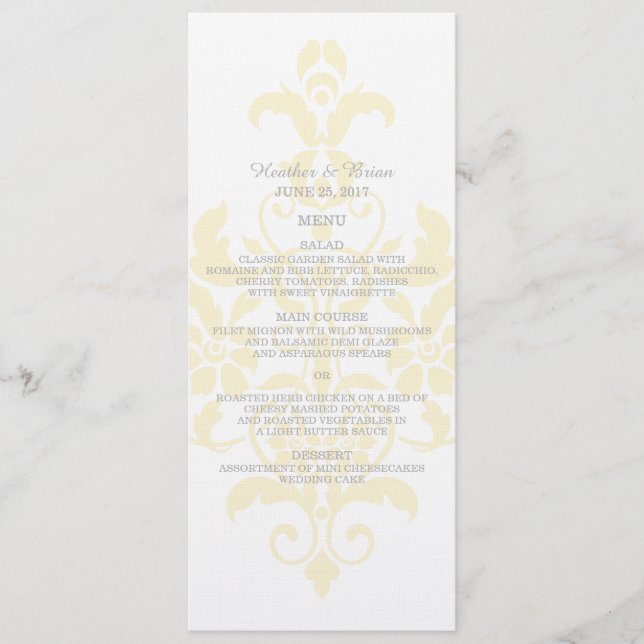Menú de bodas de Damasco amarillo sutil (Anverso)