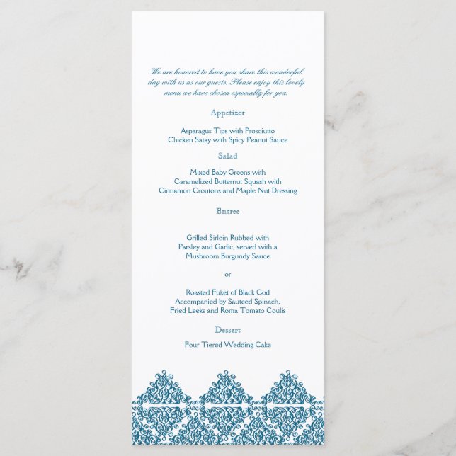 Menú de bodas de damasco azul marroquí (Anverso)