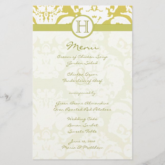 Menú de bodas de damasco dorado y limo (Anverso)