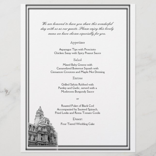 Menú de bodas de destino de Filadelfia (Anverso)