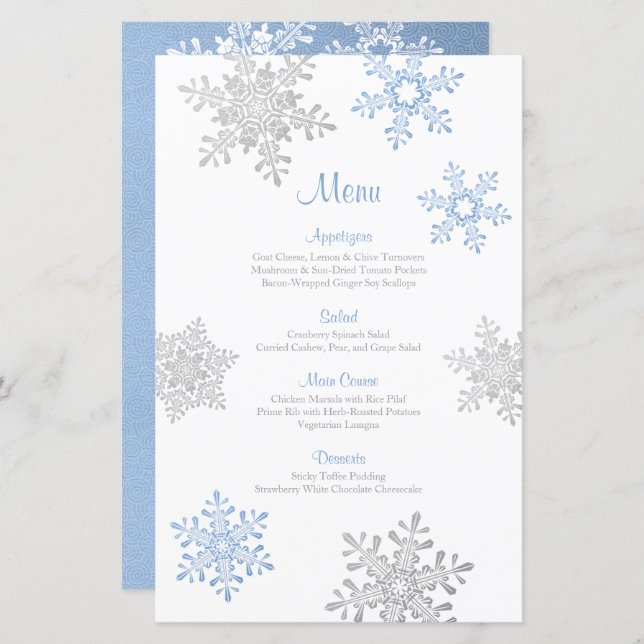 Menú de Bodas de Invierno Lapis Blue Silver Snowfl (Anverso / Reverso)