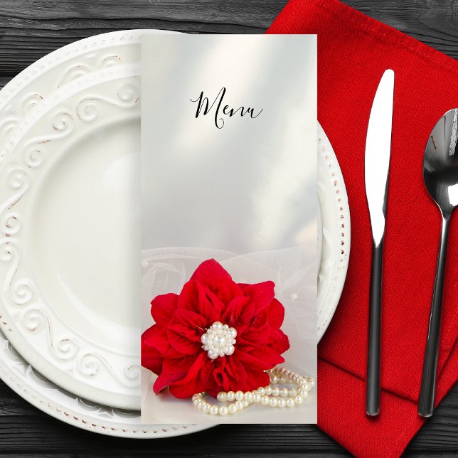 Menú de Bodas de Invierno Red Poinsettia y Pearls (Set a festive table for your December event with the elegant Poinsettia and Pearls Winter Menu.)