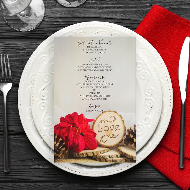Menú de Bodas de Invierno Rústico Red Poinsettia W (Set the table for your winter woodland event with this rustic menu.)