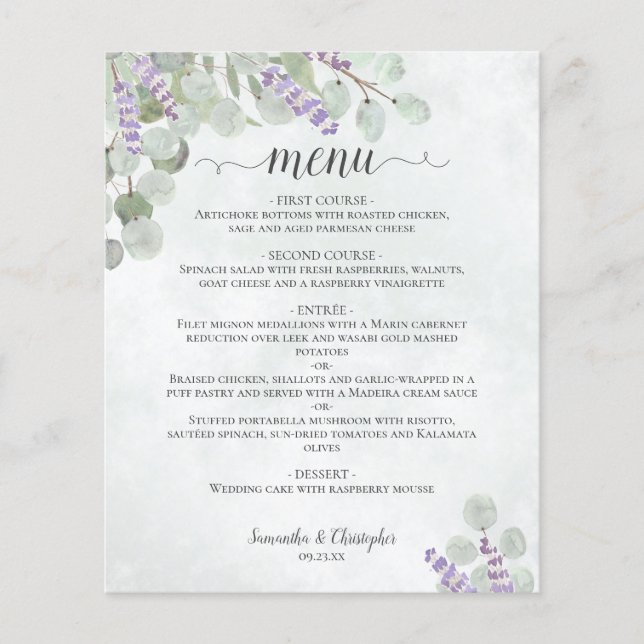 Menú de Bodas de presupuesto de eucalipto y lavand (Anverso)