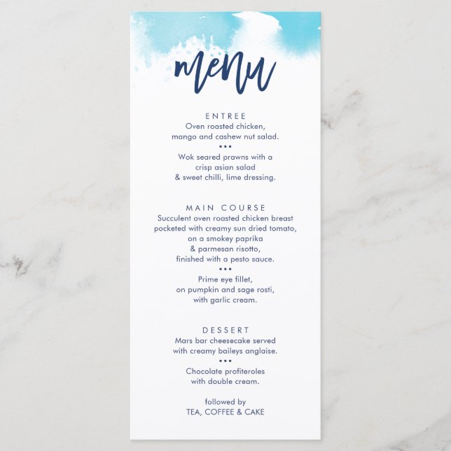 MENÚ DE BODAS DE RECEPCIÓN acuarela azul agua lind (Anverso)
