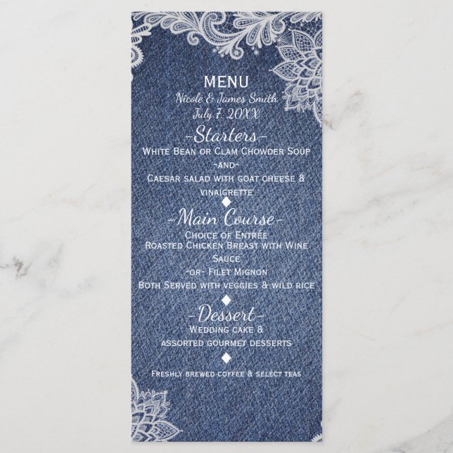 Menú de bodas elegante de encaje floral blanco y d (Anverso)