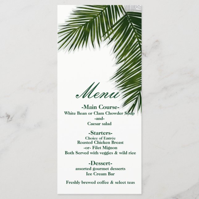 Menú de bodas elegante de hoja de palmera tropical (Anverso)