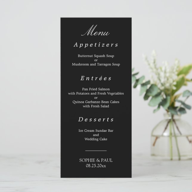 Menú de Bodas Elegante y Blanco Negro (Anverso de pie)