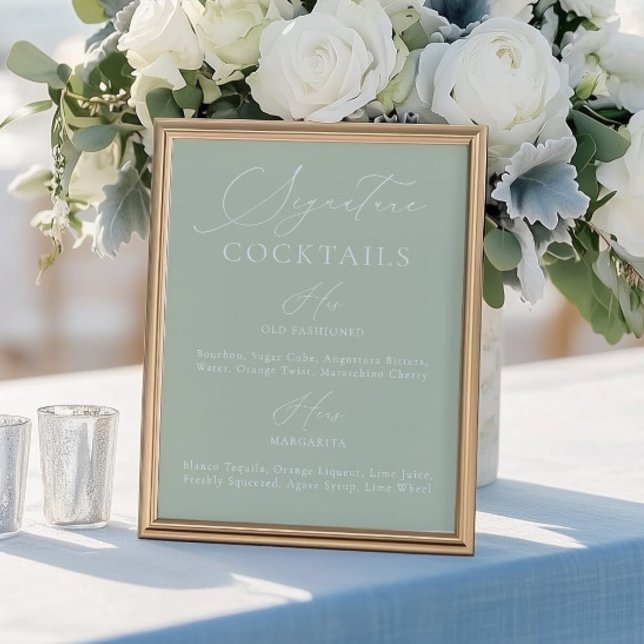 Menú de Bodas en blanco y verde de la bebida de la (Signature Drink Sage Green & White Wedding Menu)