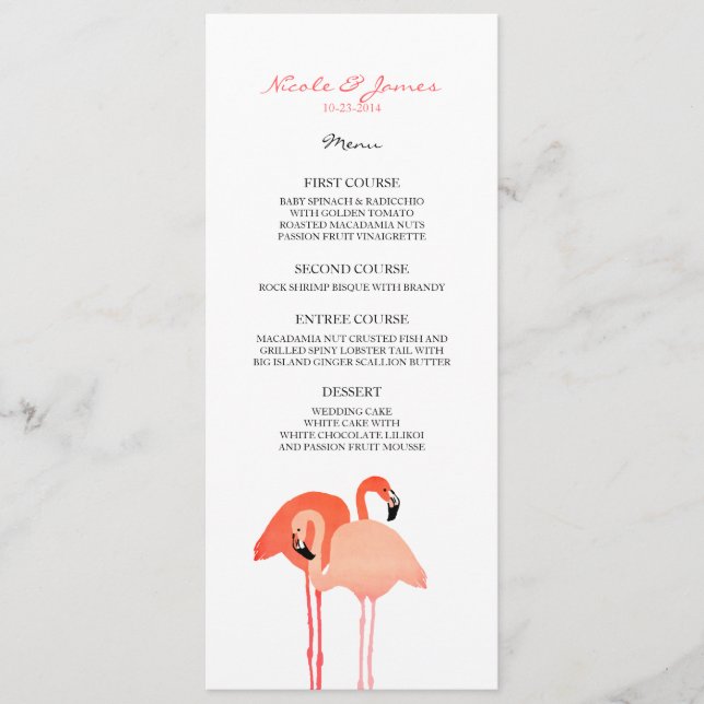 Menú de bodas en la playa de Flamingos rosas (Anverso)