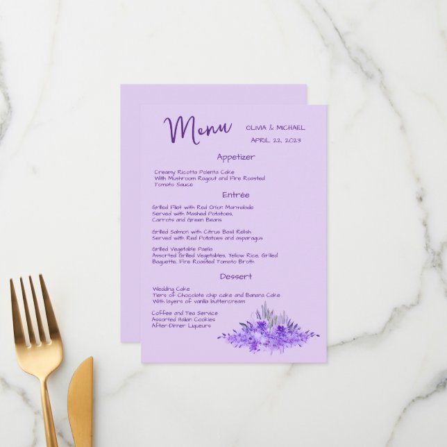 Menú de Bodas minimalista y elegante de Lavanda (Anverso/Reverso In Situ)