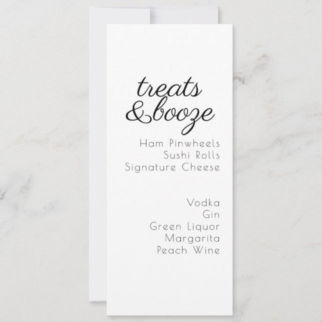 Menú de bodas negro y blanco de bebidas y dulces (Anverso)