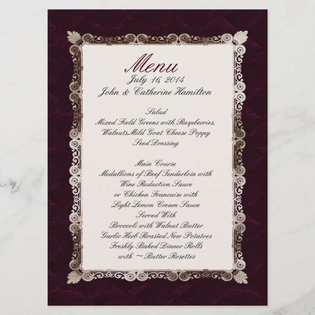 Menú de bodas personalizadas Burgandy Velvet Look (Anverso)