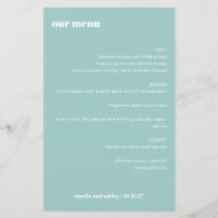 Menú de bodas personalizadas simples Aqua Blue en