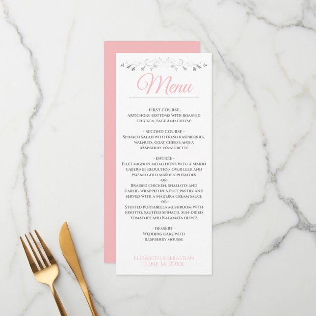 Menú de bodas rosa y gris sencillo elegante (Anverso/Reverso In Situ)