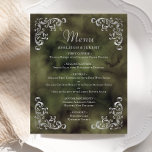 Menú de Bodas Vintage Verde de Oliva de Plata Pres<br><div class="desc">Este elegante menú boda de inspiración vintage presenta el texto en un guion gris plateado pálido y fuentes serif,  enmarcado por un motivo follaje plateado vintage en cuatro esquinas sobre un fondo acuático verde oliva. El marco y el fondo de la acuarela se repiten al revés.</div>
