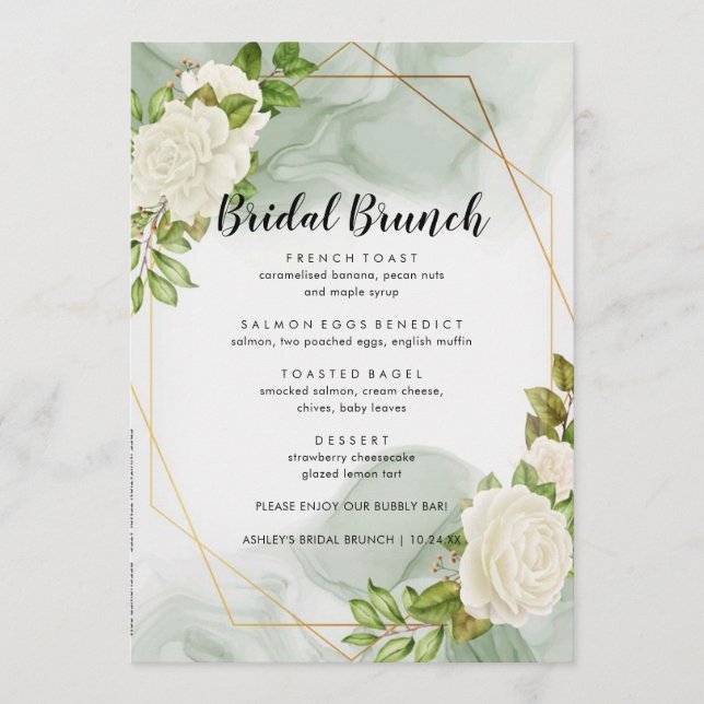 Menú de brunch de novia floral de rosas blancas (Anverso)