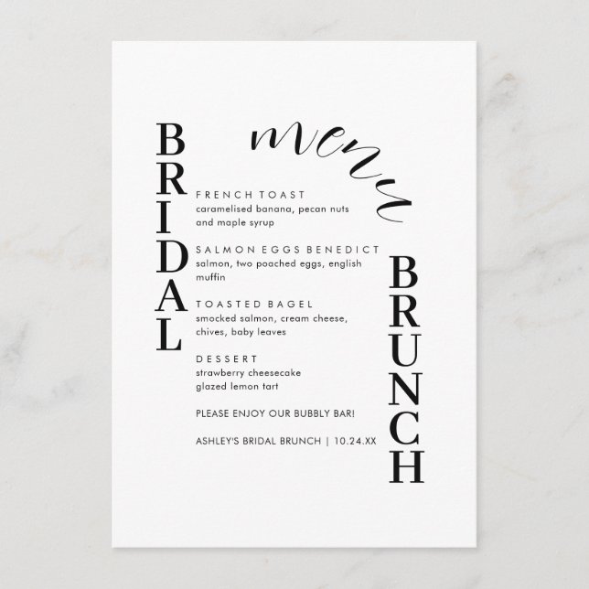 Menú de Brunch de novias de texto mínimo (Anverso)